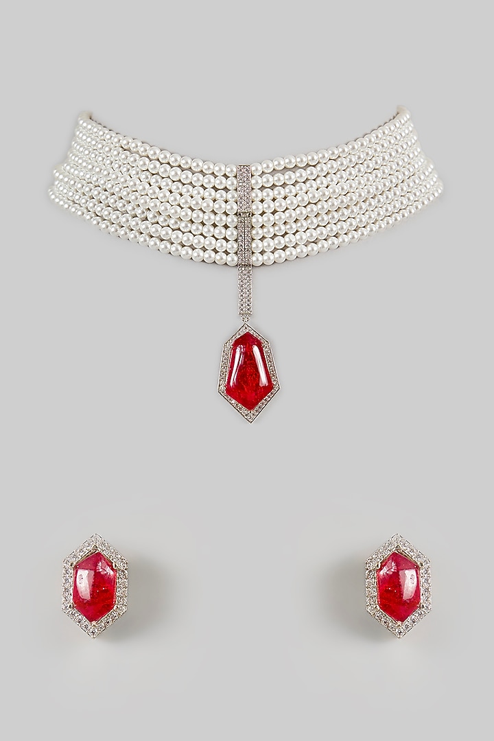 White Finish Red Cubic Zirconia & Pearl Choker Necklace Set by Amreli Jaipur at Pernia's Pop Up Shop