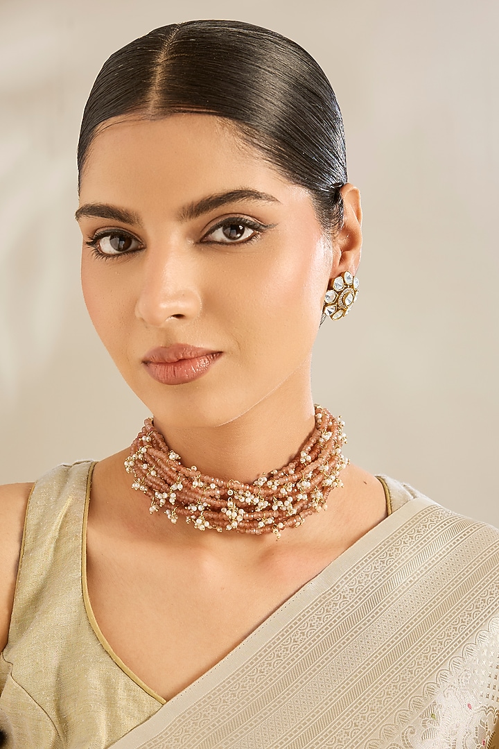 Gold Finish Peach Pearl & Jade String Choker Necklace Set by Amreli Jaipur at Pernia's Pop Up Shop