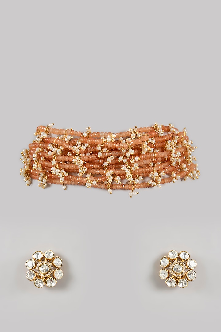 Gold Finish Peach Pearl & Jade String Choker Necklace Set by Amreli Jaipur at Pernia's Pop Up Shop