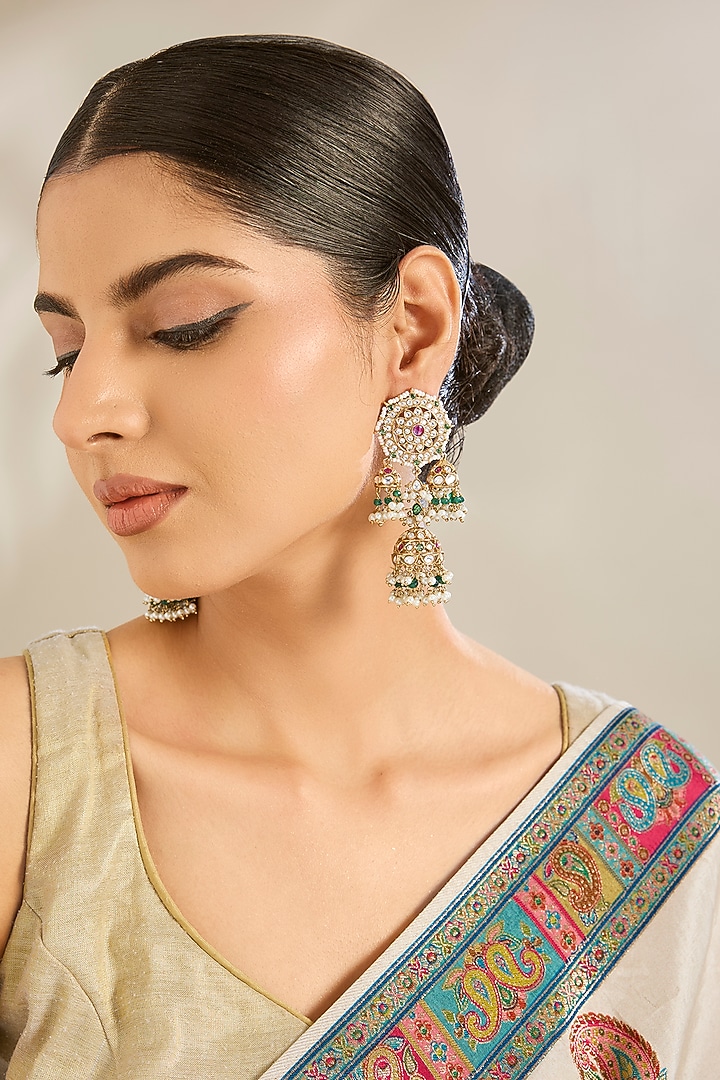 Gold Finish Kundan Polki Jhumka Earrings by Amreli Jaipur at Pernia's Pop Up Shop
