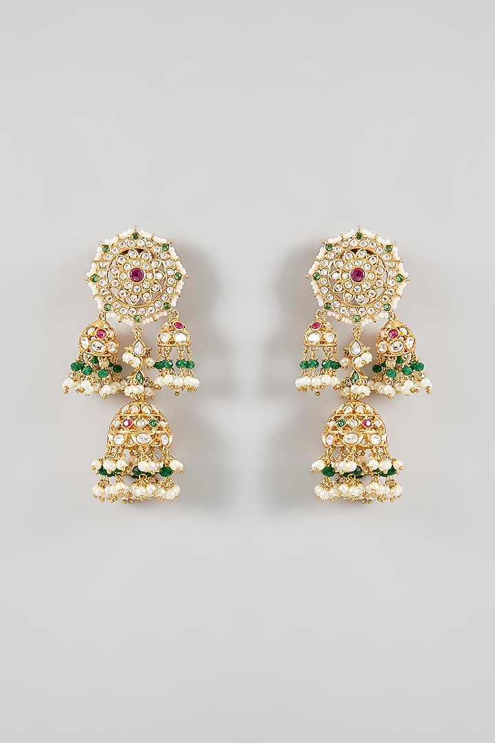 Gold Finish Kundan Polki Jhumka Earrings by Amreli Jaipur at Pernia's Pop Up Shop