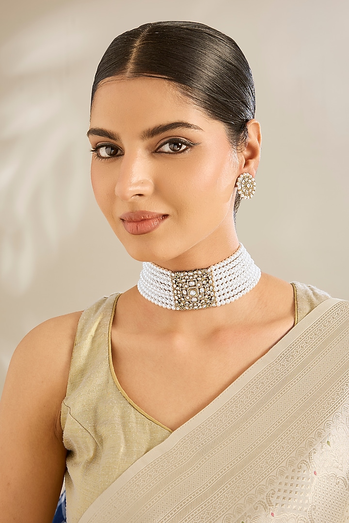 Gold Finish Kundan Polki & Pearl Choker Necklace Set by Amreli Jaipur at Pernia's Pop Up Shop