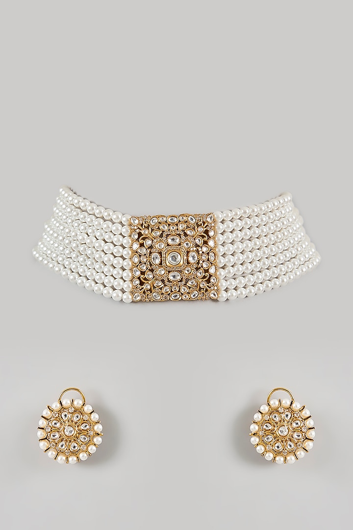 Gold Finish Kundan Polki & Pearl Choker Necklace Set by Amreli Jaipur at Pernia's Pop Up Shop