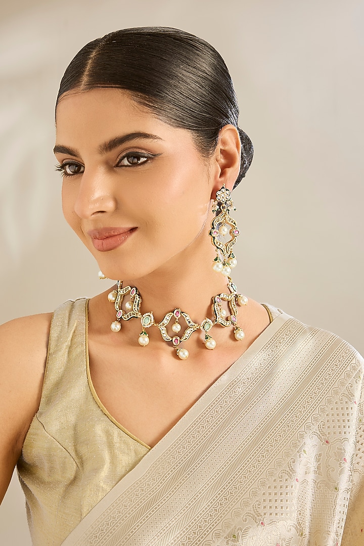 Gold Finish Kundan Polk & Beaded Choker Necklace Set by Amreli Jaipur at Pernia's Pop Up Shop