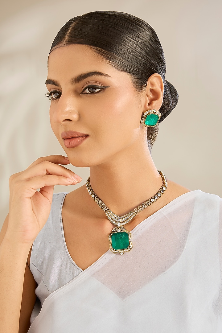 Gold Finish Kundan Polk & Doublet Stone Choker Necklace Set by Amreli Jaipur at Pernia's Pop Up Shop