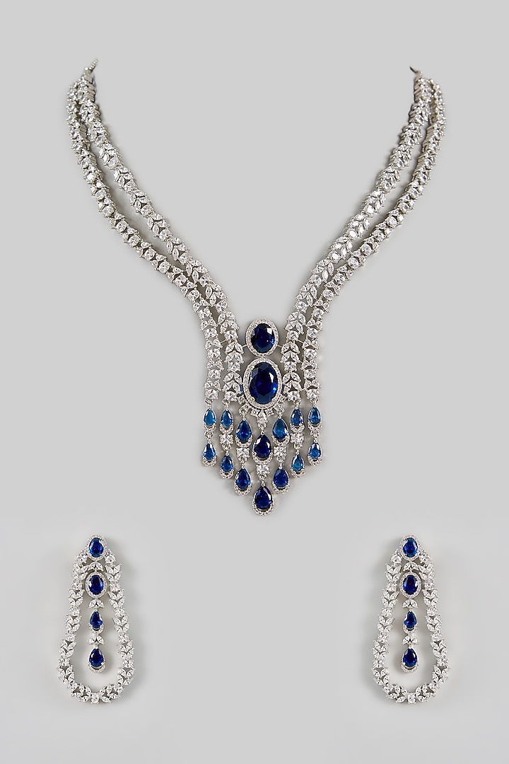 White Gold Finish Cubic Zirconia & Blue Stone Necklace Set by Amreli Jaipur at Pernia's Pop Up Shop