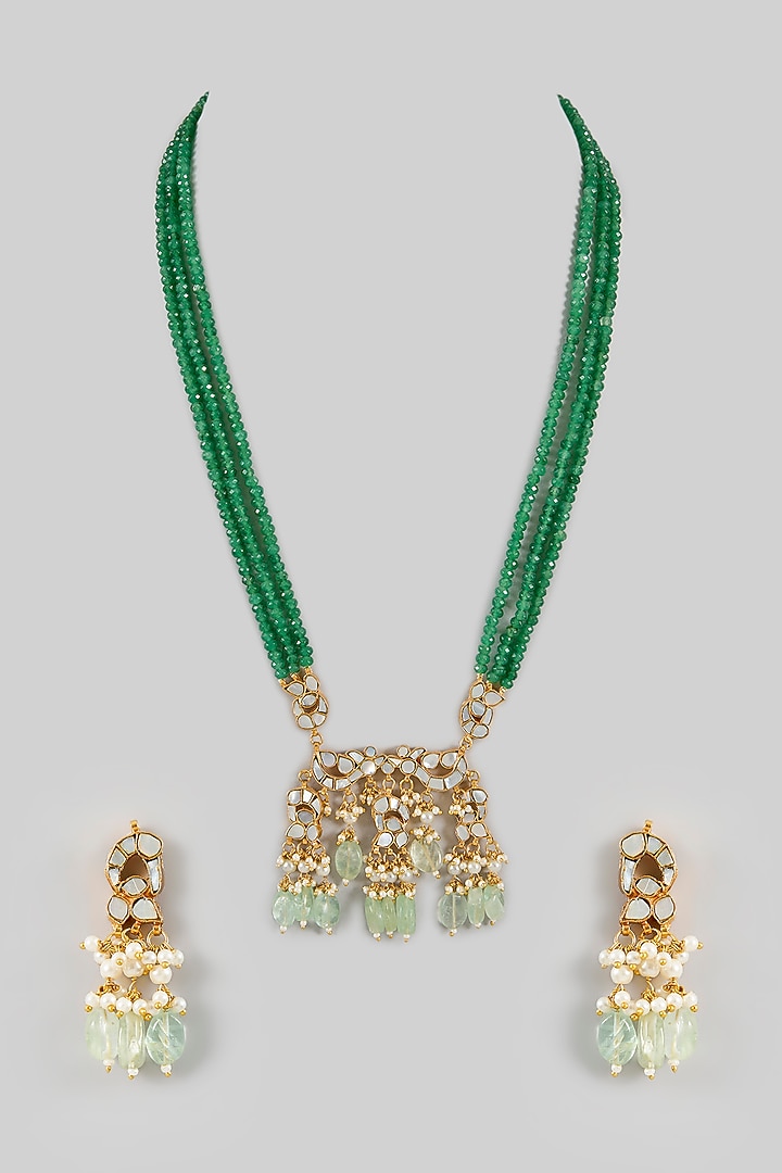 Gold Finish Green Kundan Polki & Mother Of Pearl Necklace Set by Amreli Jaipur at Pernia's Pop Up Shop
