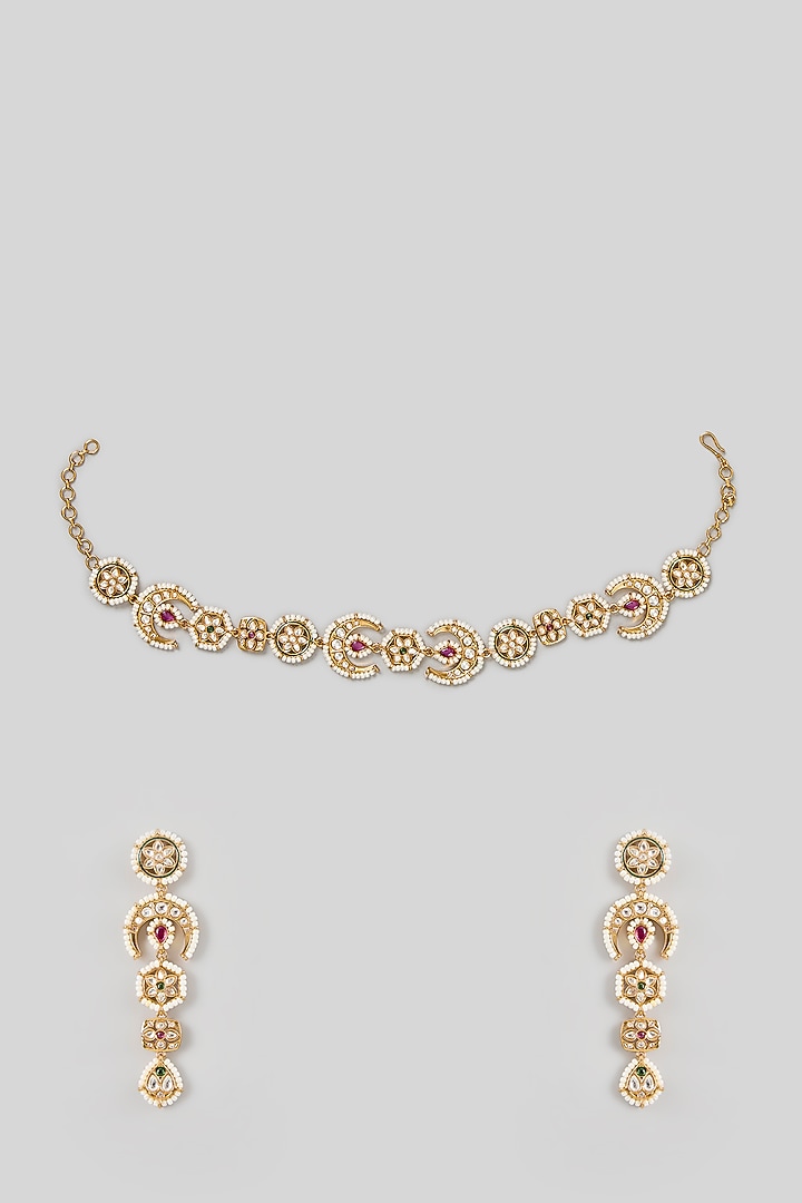 Gold Finish Kundan Polki Choker Necklace Set by Amreli Jaipur at Pernia's Pop Up Shop