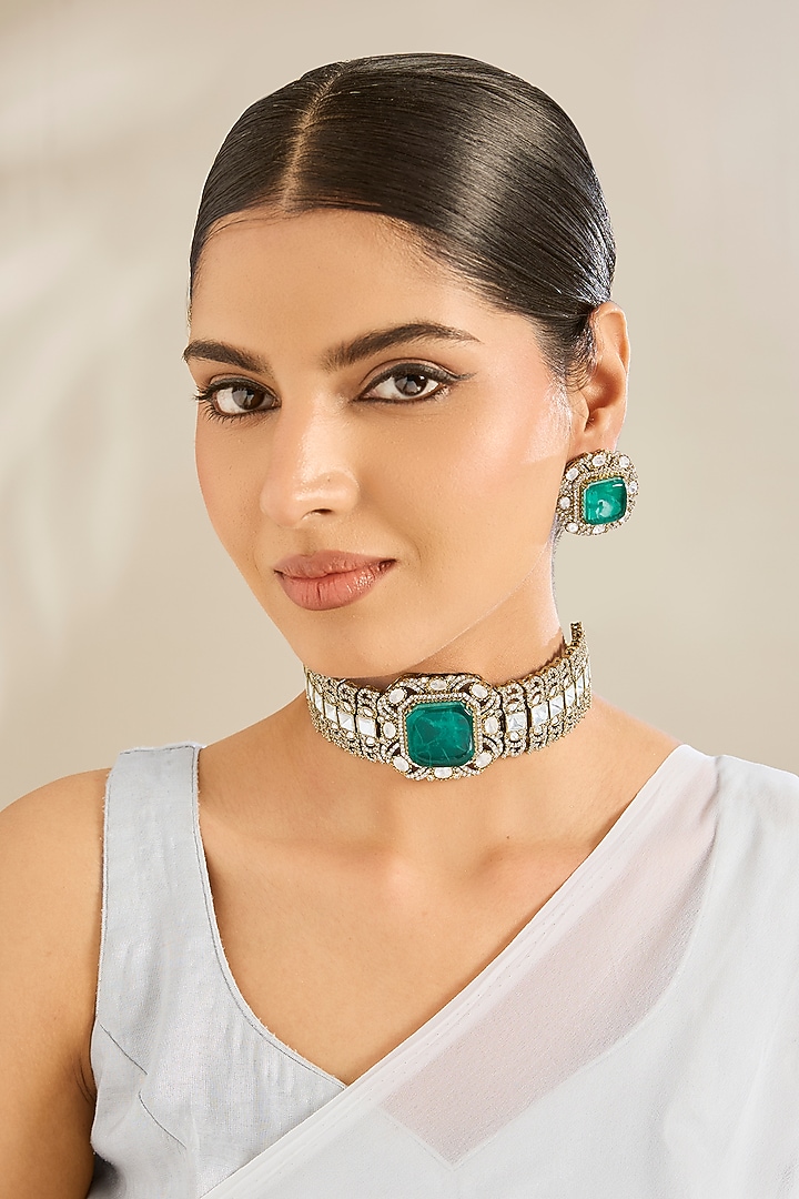 Gold Finish Kundan Polki & Green Doublet Stone Choker Necklace Set by Amreli Jaipur at Pernia's Pop Up Shop