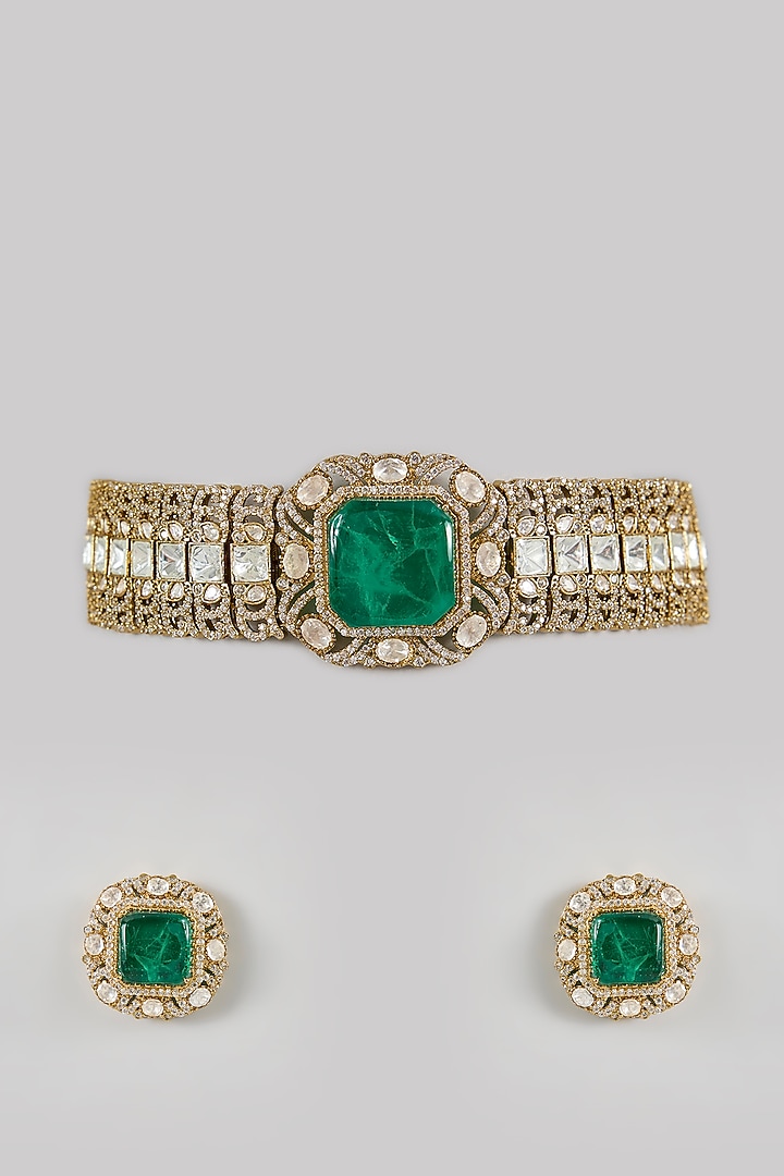 Gold Finish Kundan Polki & Green Doublet Stone Choker Necklace Set by Amreli Jaipur at Pernia's Pop Up Shop
