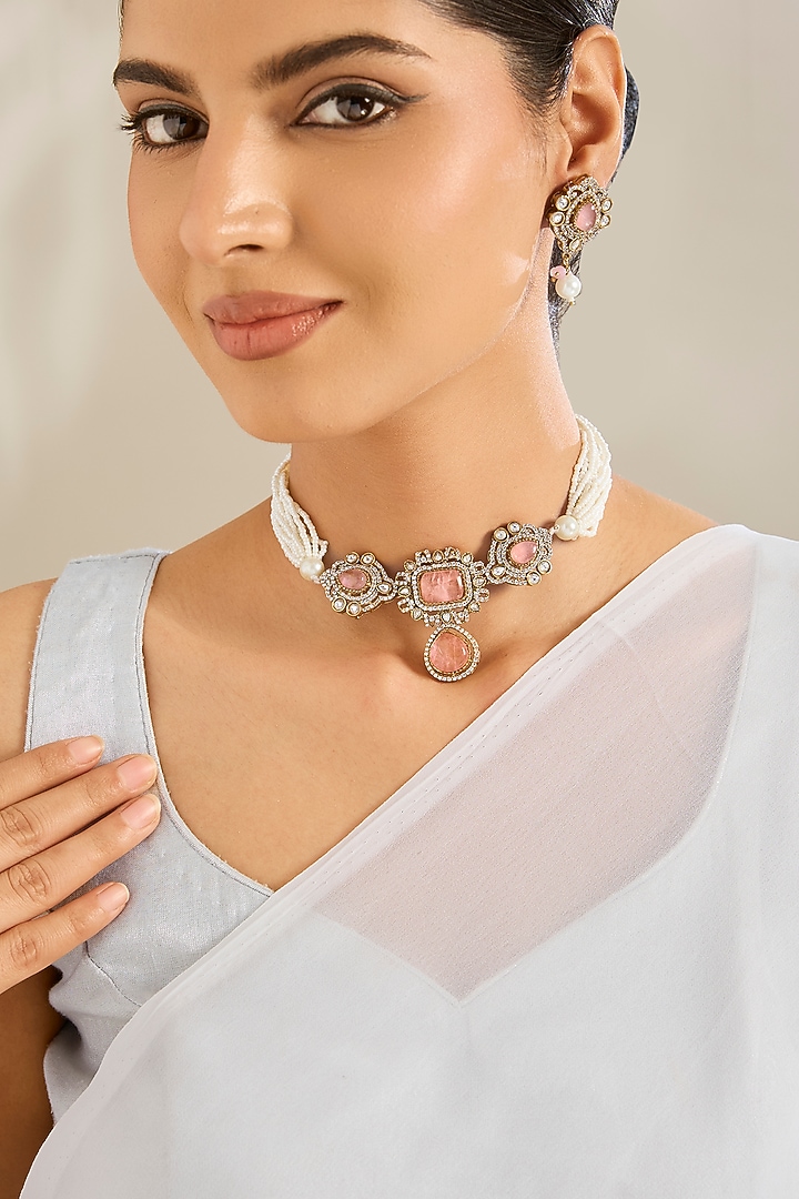 Gold Finish Peach Kundan Polki & Beaded Choker Necklace Set by Amreli Jaipur at Pernia's Pop Up Shop