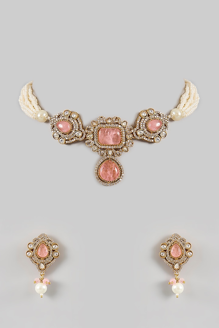 Gold Finish Peach Kundan Polki & Beaded Choker Necklace Set by Amreli Jaipur at Pernia's Pop Up Shop