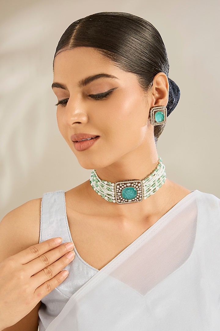 Gold Finish Green Kundan Polki & Beaded Choker Necklace Set by Amreli Jaipur at Pernia's Pop Up Shop