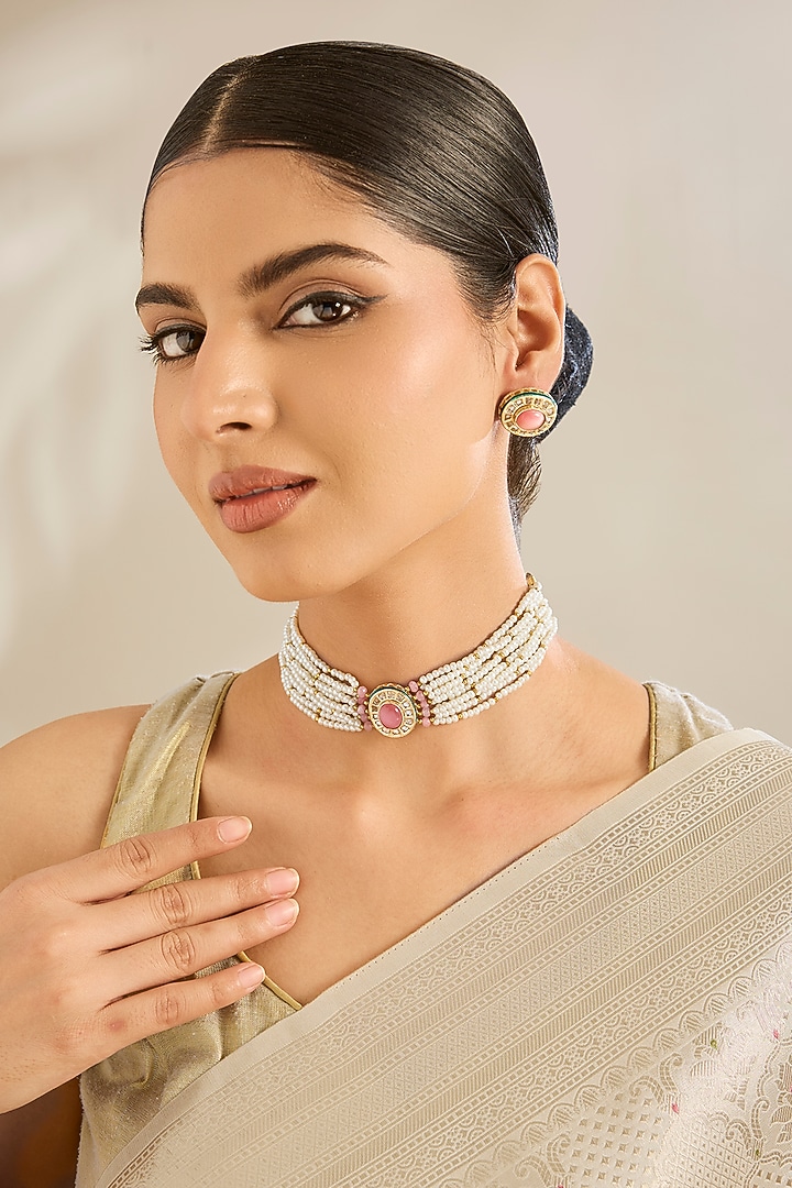 Gold Finish Pink Kundan Polki & Beaded Choker Necklace Set by Amreli Jaipur at Pernia's Pop Up Shop