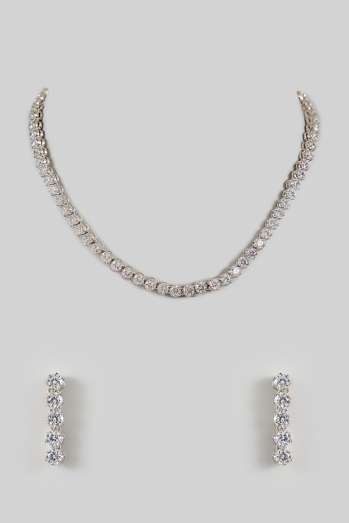 White Gold Finish Cubic Zirconia Choker Necklace Set by Amreli Jaipur at Pernia's Pop Up Shop