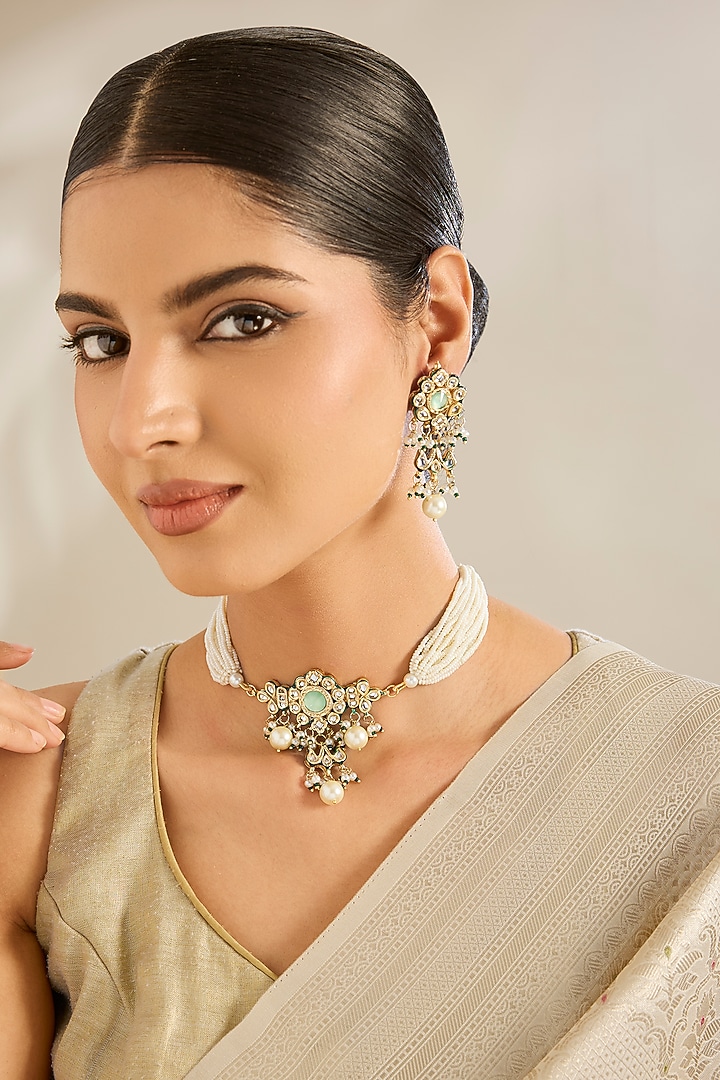 Gold Finish Green Kundan Polki & Beaded Choker Necklace Set by Amreli Jaipur at Pernia's Pop Up Shop