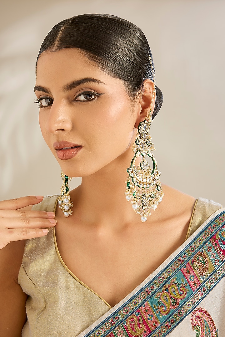 Gold Finish Kundan Polki Chandbali Earrings by Amreli Jaipur at Pernia's Pop Up Shop