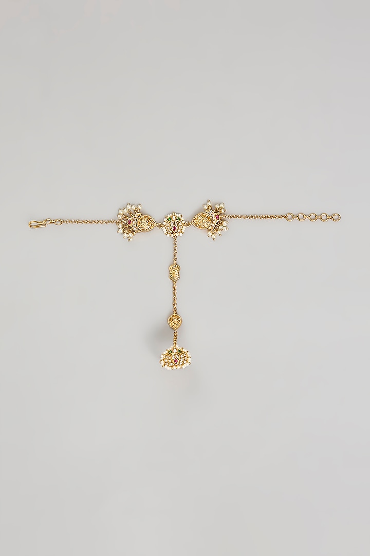 Gold Finish Floral Motifs & Kundan Polki Hand Harness (Set Of 2) by Amreli Jaipur at Pernia's Pop Up Shop