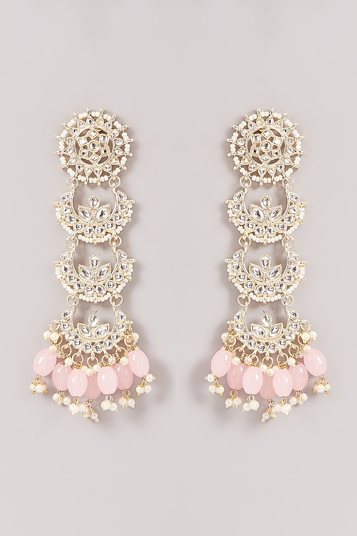 Gold Finish Kundan Polki & Pink Beaded Dangler Earrings by Amreli Jaipur at Pernia's Pop Up Shop