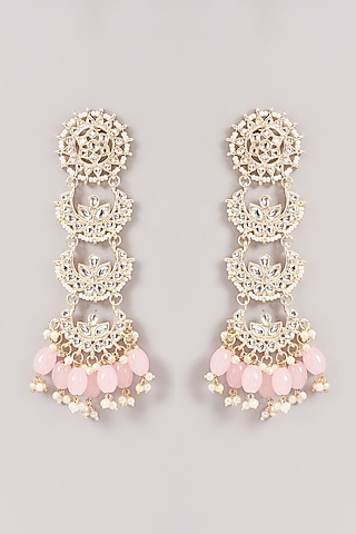 Gold Finish Kundan Polki & Pink Beaded Dangler Earrings by Amreli Jaipur