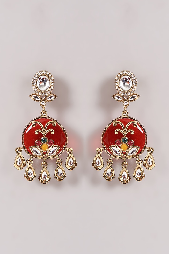 Gold Finish Red Kundan Polki & Stone Dangler Earrings by Amreli Jaipur at Pernia's Pop Up Shop