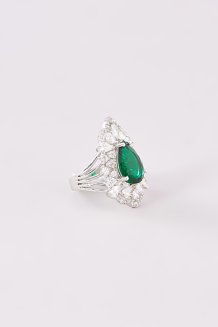White Finish Zircon & Emerald Ring by Amreli Jaipur at Pernia's Pop Up Shop