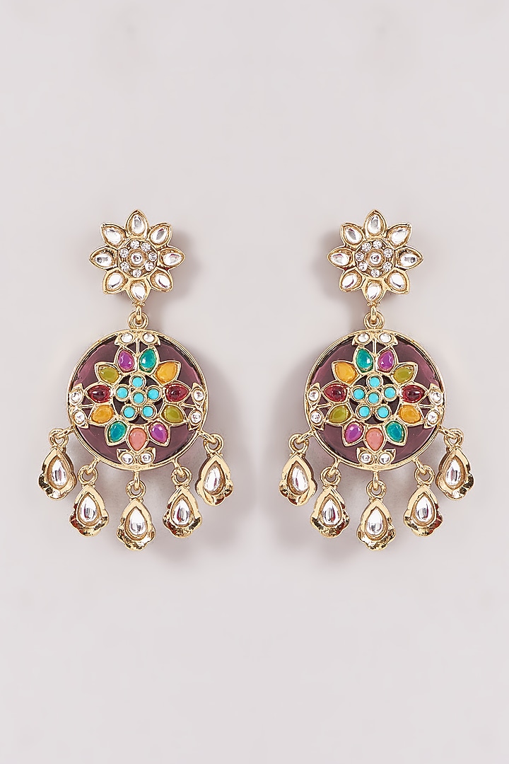 Gold Finish Multi-Colored Kundan Polki & Stone Dangler Earrings by Amreli Jaipur at Pernia's Pop Up Shop