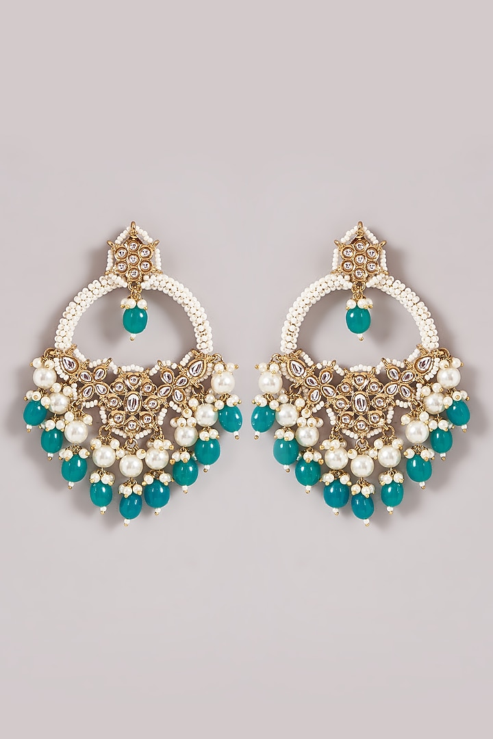 Gold Finish Green Kundan Polki & Pearl Chandbali Earrings by Amreli Jaipur at Pernia's Pop Up Shop