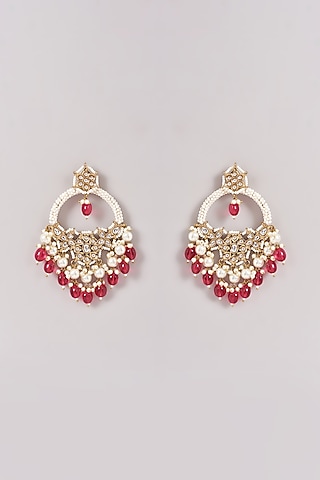 Gold Finish Pink Kundan Polki & Pearl Chandbali Earrings by Amreli Jaipur
