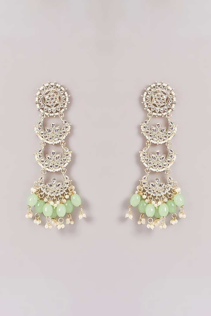 Gold Finish Kundan Polki & Mint Beaded Dangler Earrings by Amreli Jaipur at Pernia's Pop Up Shop
