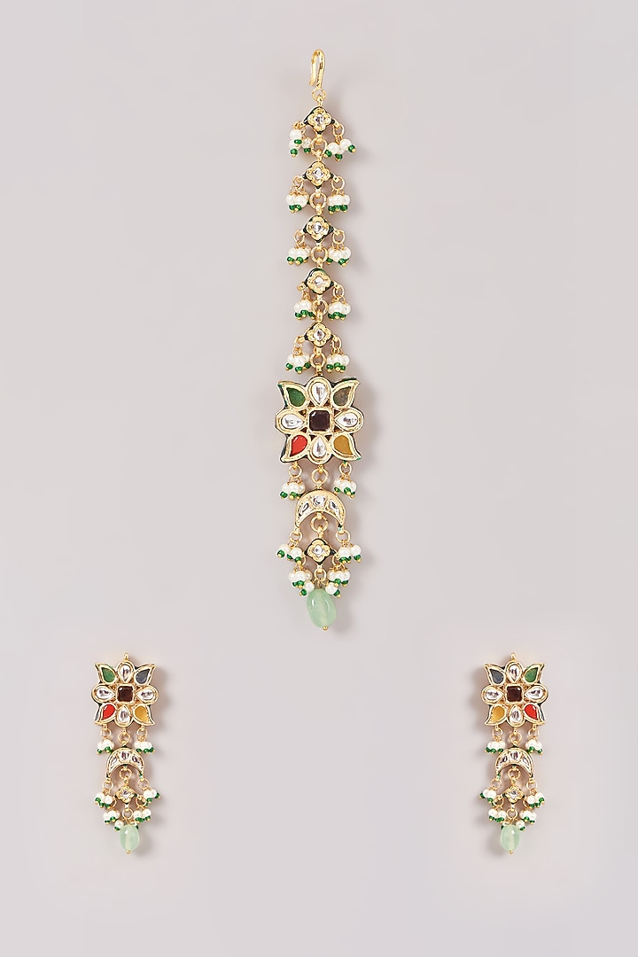 Gold Finish Multi-Colored Kundan Polki & Stone Dangler Earrings With Maangtikka by Amreli Jaipur at Pernia's Pop Up Shop