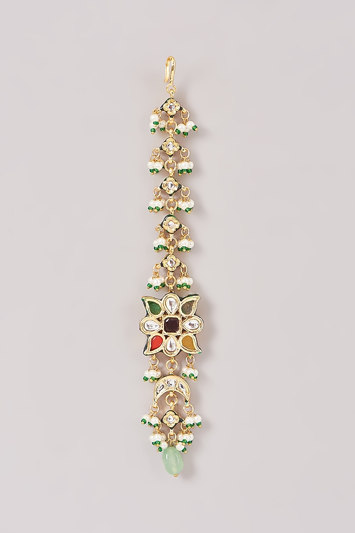 Gold Finish Multi-Colored Kundan Polki & Stone Dangler Earrings With Maangtikka by Amreli Jaipur at Pernia's Pop Up Shop