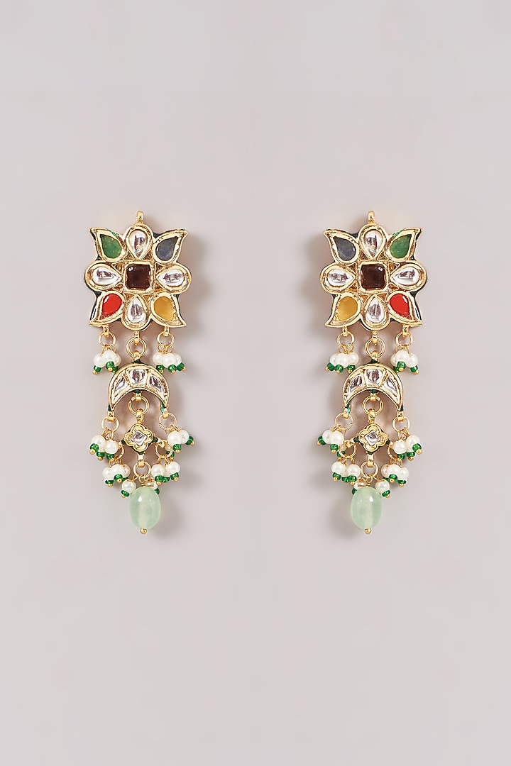 Gold Finish Multi-Colored Kundan Polki & Stone Dangler Earrings With Maangtikka by Amreli Jaipur at Pernia's Pop Up Shop