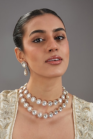 Two Tone Finish White Kundan Polki Layered Necklace by Amreli Jaipur