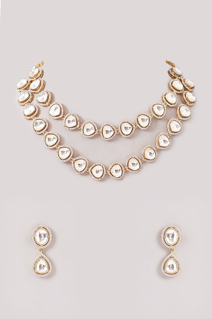 Two Tone Finish White Kundan Polki Layered Necklace by Amreli Jaipur at Pernia's Pop Up Shop