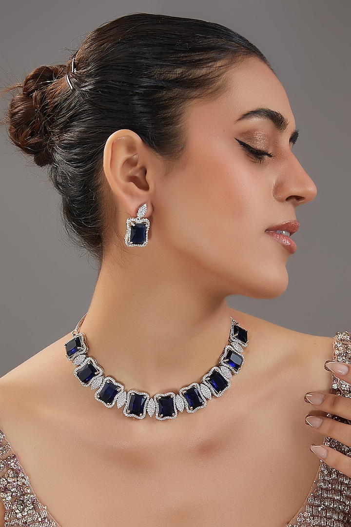 White Finish Blue Zircon Choker Necklace Set by Amreli Jaipur at Pernia's Pop Up Shop