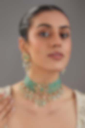 Gold Finish Navratna Stone & Kundan Polki Choker Necklace Set by Amreli Jaipur at Pernia's Pop Up Shop