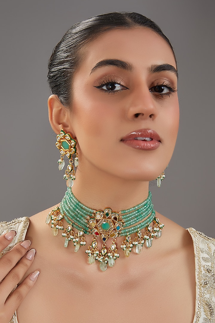 Gold Finish Navratna Stone & Kundan Polki Choker Necklace Set by Amreli Jaipur at Pernia's Pop Up Shop