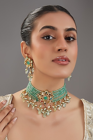 Gold Finish Navratna Stone & Kundan Polki Choker Necklace Set by Amreli Jaipur
