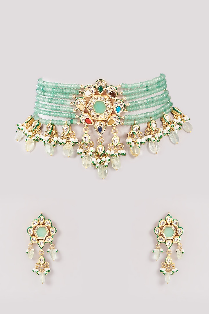 Gold Finish Navratna Stone & Kundan Polki Choker Necklace Set by Amreli Jaipur at Pernia's Pop Up Shop