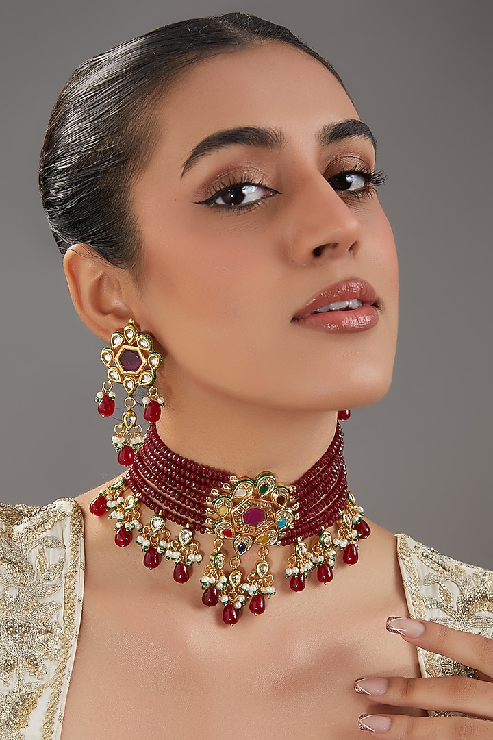 Gold Finish Red Kundan Polki & Beaded Choker Necklace Set by Amreli Jaipur at Pernia's Pop Up Shop