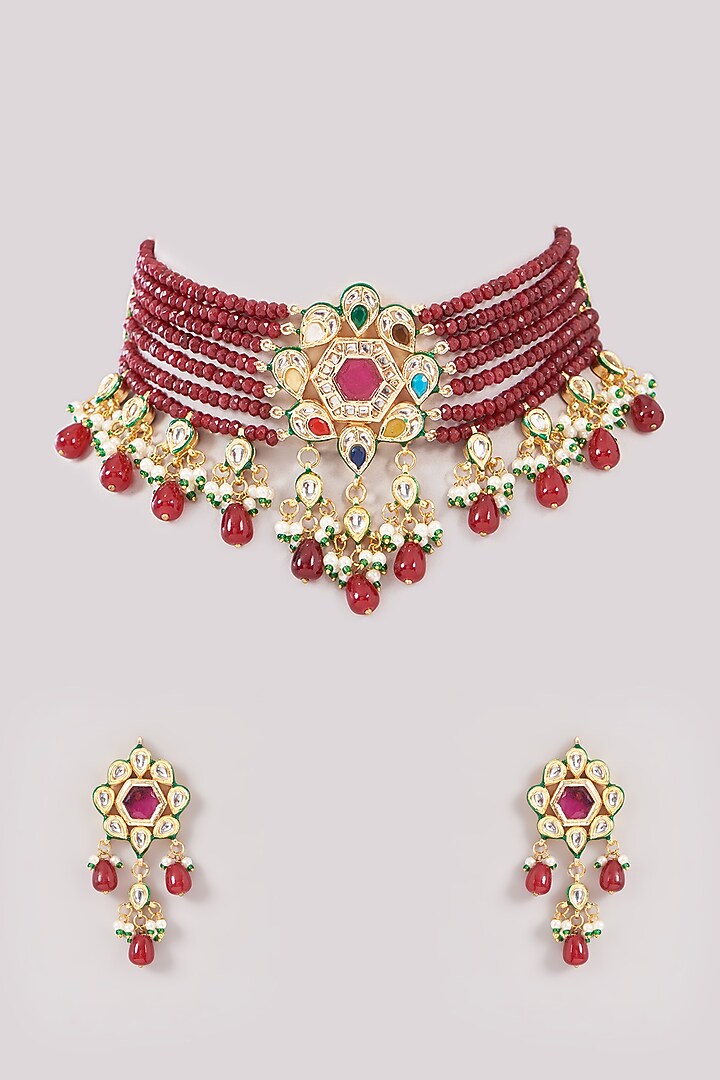 Gold Finish Red Kundan Polki & Beaded Choker Necklace Set by Amreli Jaipur at Pernia's Pop Up Shop