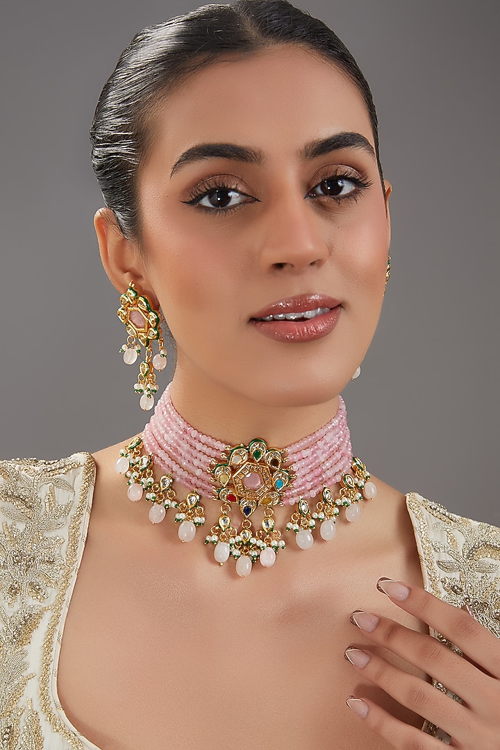 Gold Finish Pink Kundan Polki & Navratna Stone Choker Necklace Set by Amreli Jaipur at Pernia's Pop Up Shop