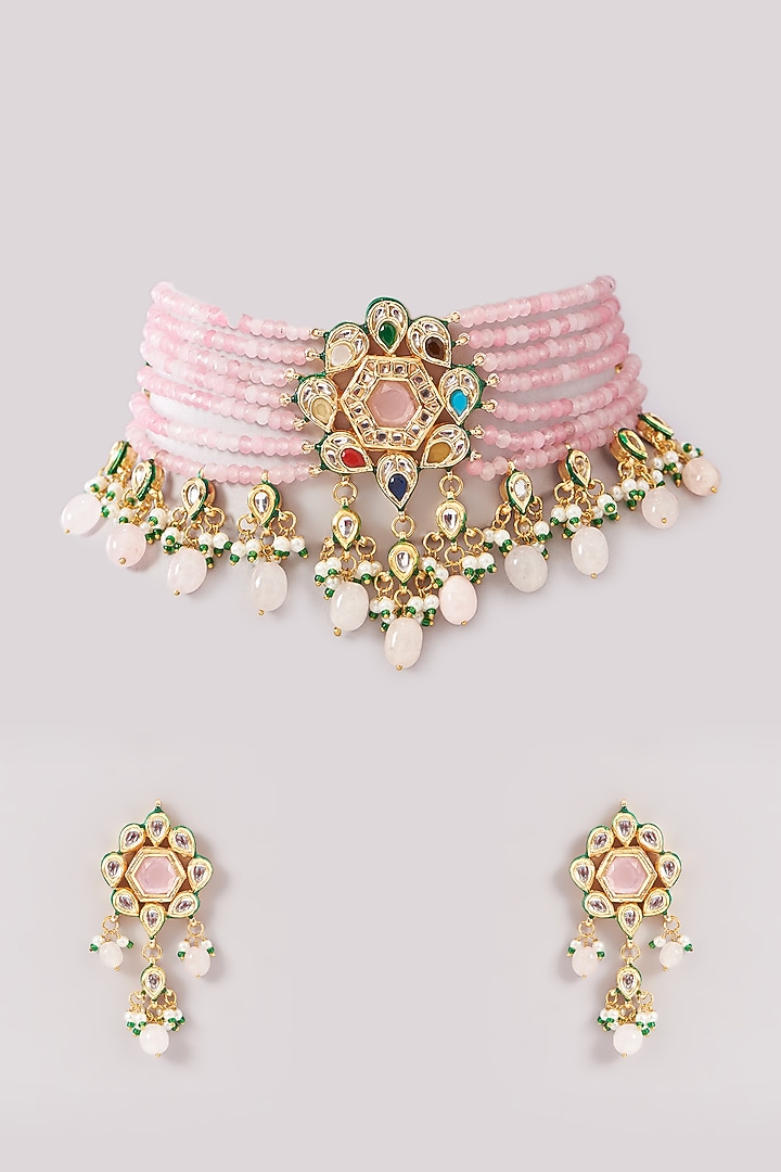 Gold Finish Pink Kundan Polki & Navratna Stone Choker Necklace Set by Amreli Jaipur at Pernia's Pop Up Shop