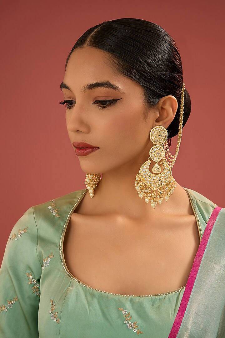 Gold Finish Jadau Kundan Polki & Pearl Chandbali Earrings by Amreli Jaipur at Pernia's Pop Up Shop