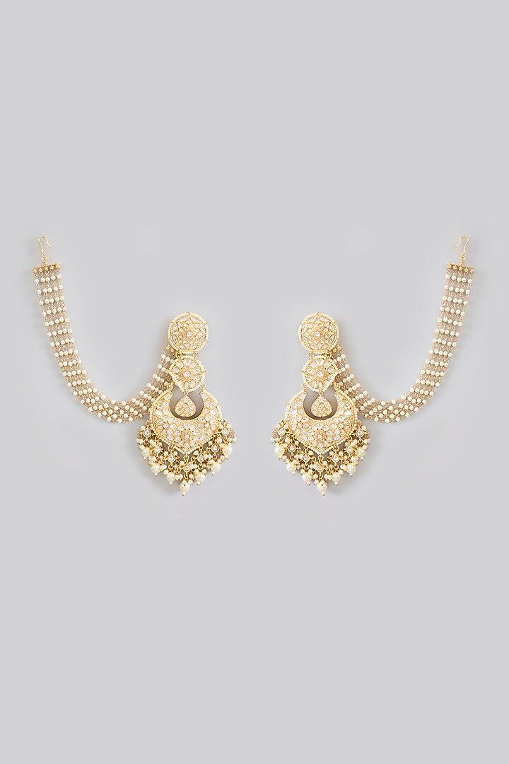 Gold Finish Jadau Kundan Polki & Pearl Chandbali Earrings by Amreli Jaipur at Pernia's Pop Up Shop