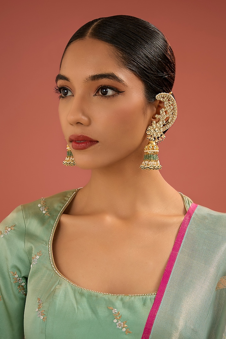 Gold Finish Jadau Pachi Kundan Polki & Pearl Dangler Earrings by Amreli Jaipur at Pernia's Pop Up Shop
