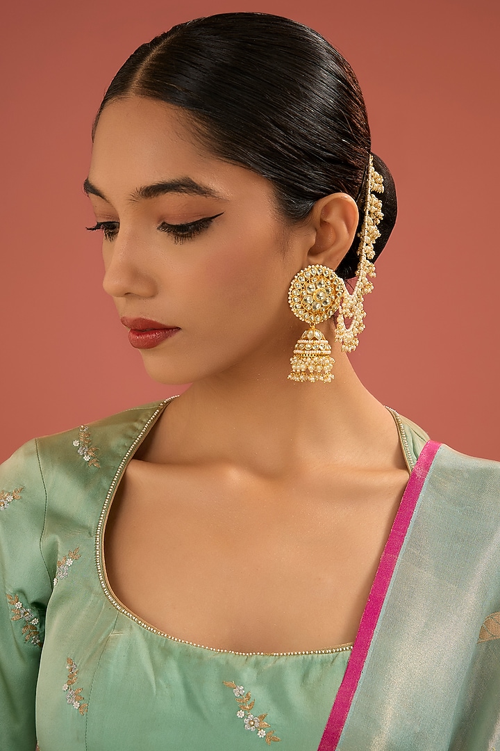 Gold Finish Jadau Pachi Kundan Polki & Pearl Dangler Earrings by Amreli Jaipur at Pernia's Pop Up Shop