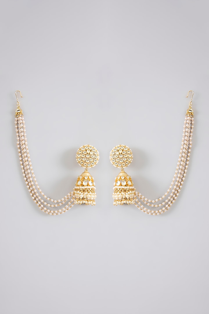 Gold Finish Jadau Pachi Kundan Polki & Pearl Dangler Earrings by Amreli Jaipur at Pernia's Pop Up Shop