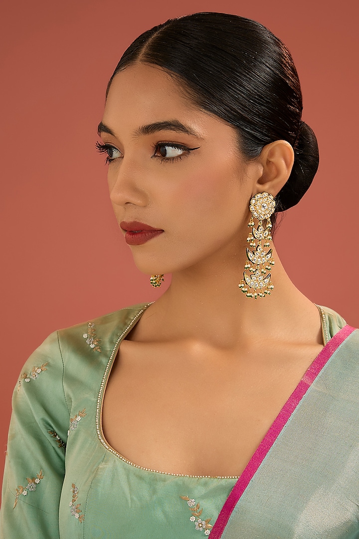 Gold Finish Jadau Kundan Polki & Pearl Dangler Earrings by Amreli Jaipur at Pernia's Pop Up Shop